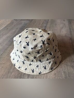 Playboy one size fits most tan and black bunny logo cotton wide brim bucket hat